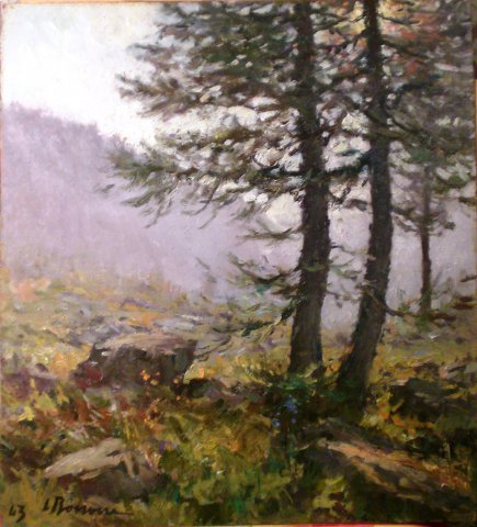 2 - carlo bossone larici  controluce  1943  cm. 45 x 40 olio su cartone
